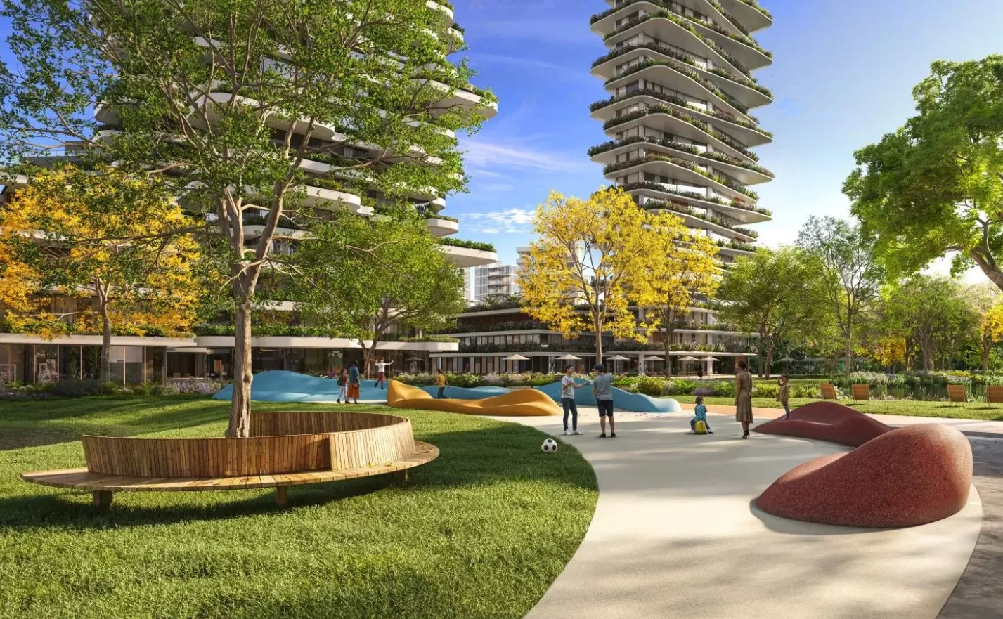 Parque do VivaPark com torres ao fundo, piscina e áreas de convívio